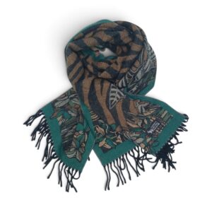 Eșarfă Damă BellaraSS FX3SS-5, 100% Lână Fină, Maro cu Imprimeu Animal Print și Floral, 60×180 cm