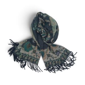 Eșarfă Damă BellaraSS FX3SS-6, 100% Lână Fină, Negru Antracit cu Imprimeu Floral Verde, 60×180 cm