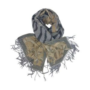 Eșarfă Damă BellaraSS FX3SS-7, 100% Lână Fină, Gri cu Imprimeu Animal Print și Floral, 60×180 cm