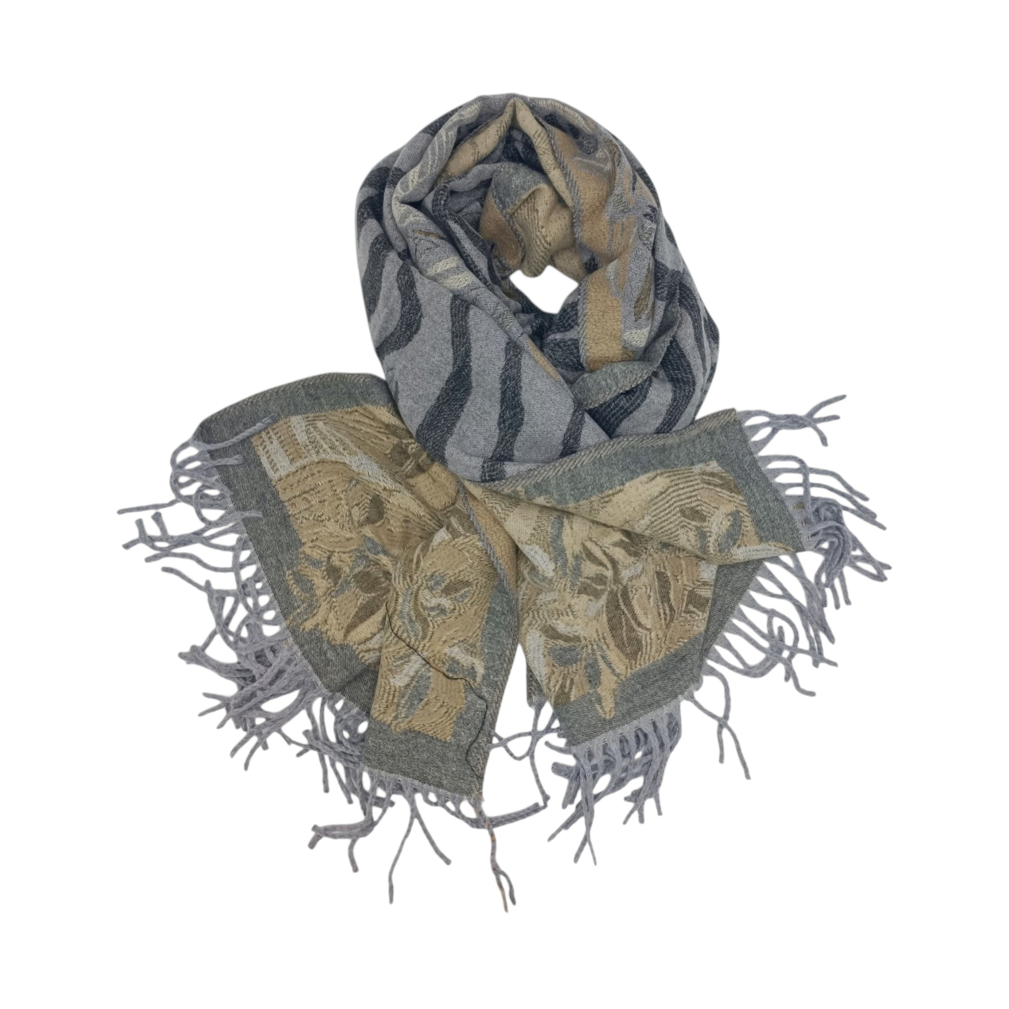 Eșarfă Damă BellaraSS FX3SS-7, 100% Lână Fină, Gri cu Imprimeu Animal Print și Floral, 60×180 cm Eșarfă Damă BellaraSS FX3SS-7, 100% Lână Fină, Gri cu Imprimeu Animal Print și Floral, 60×180 cm - imagine 1