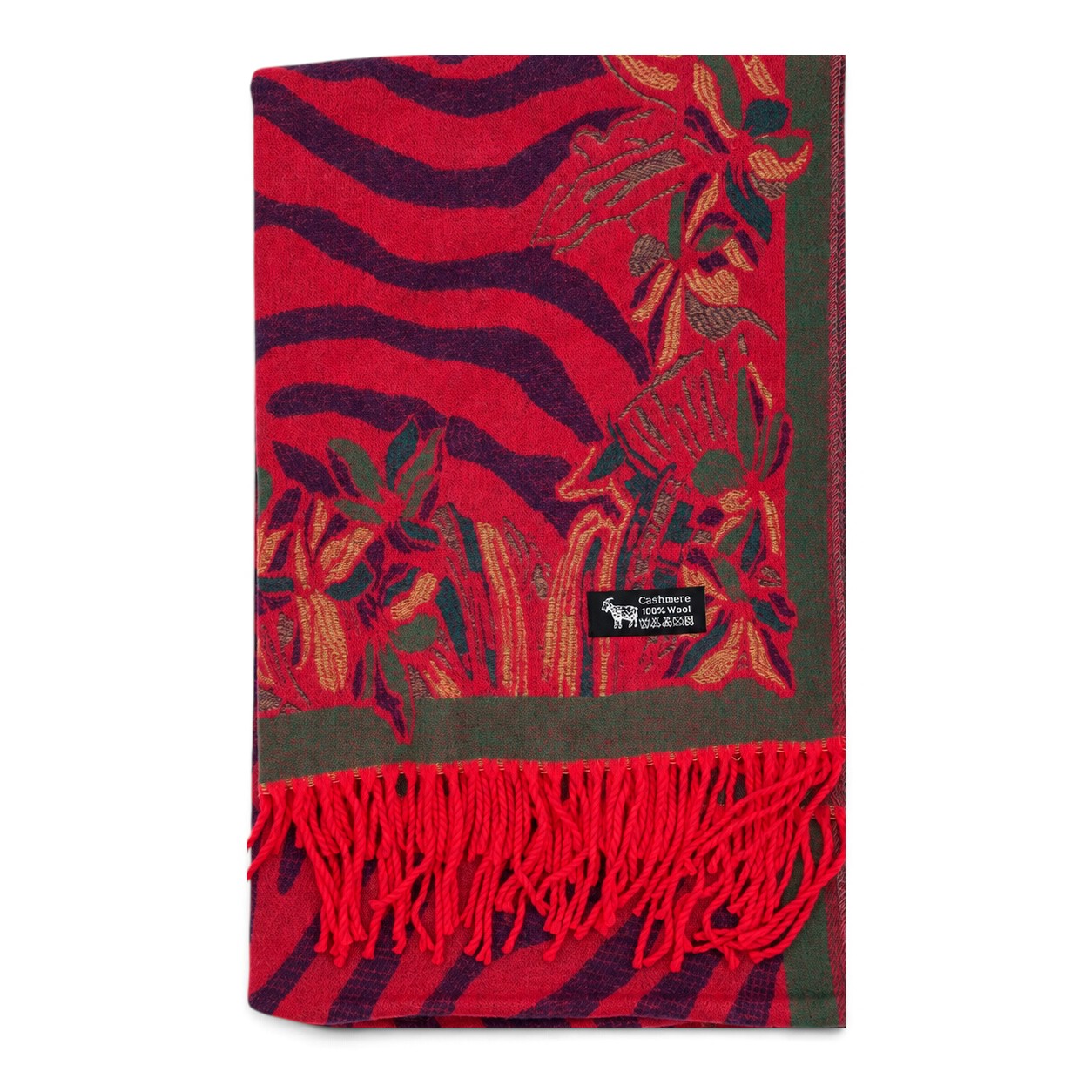 Eșarfă Damă BellaraSS FX3SS-9, 100% Lână Fină, Roșu cu Imprimeu Animal Print și Floral, 60×180 cm - imagine 2