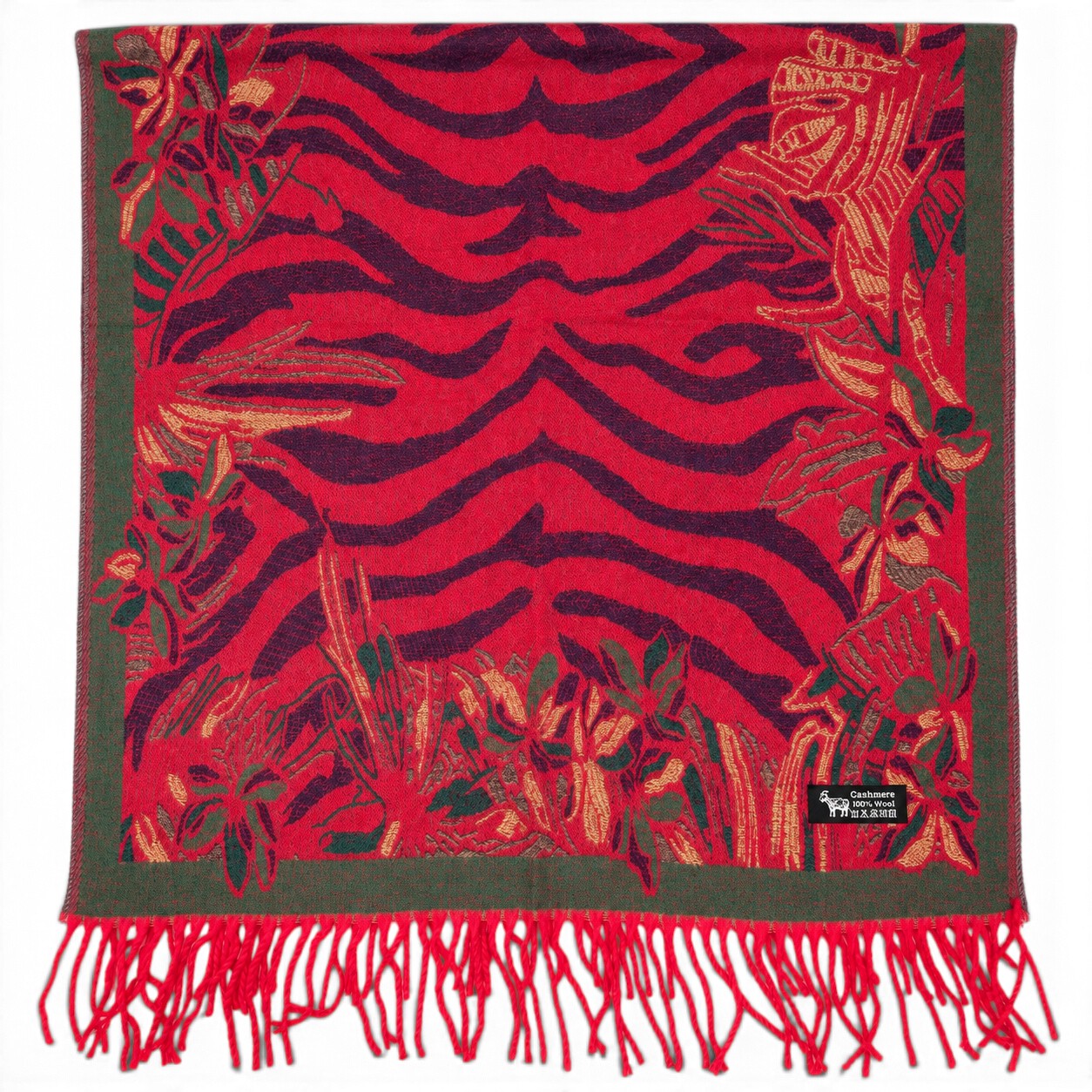 Eșarfă Damă BellaraSS FX3SS-9, 100% Lână Fină, Roșu cu Imprimeu Animal Print și Floral, 60×180 cm - imagine 4