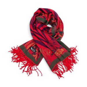 Eșarfă Damă BellaraSS FX3SS-9, 100% Lână Fină, Roșu cu Imprimeu Animal Print și Floral, 60×180 cm
