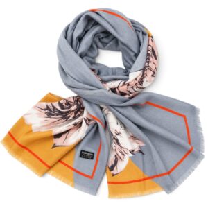 Eșarfă Damă Mirelle MR16I-2, Pashmina, Gri cu Imprimeu Floral Roz și Accente Muștar, 180×68 cm