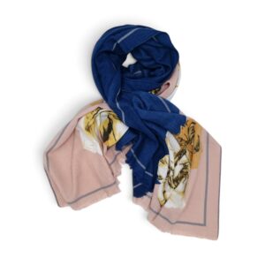 Eșarfă Damă Mirelle MR16I-3, Pashmina, Bleumarin cu Imprimeu Floral Bej-Auriu și Roz Pudrat, 180×68 cm