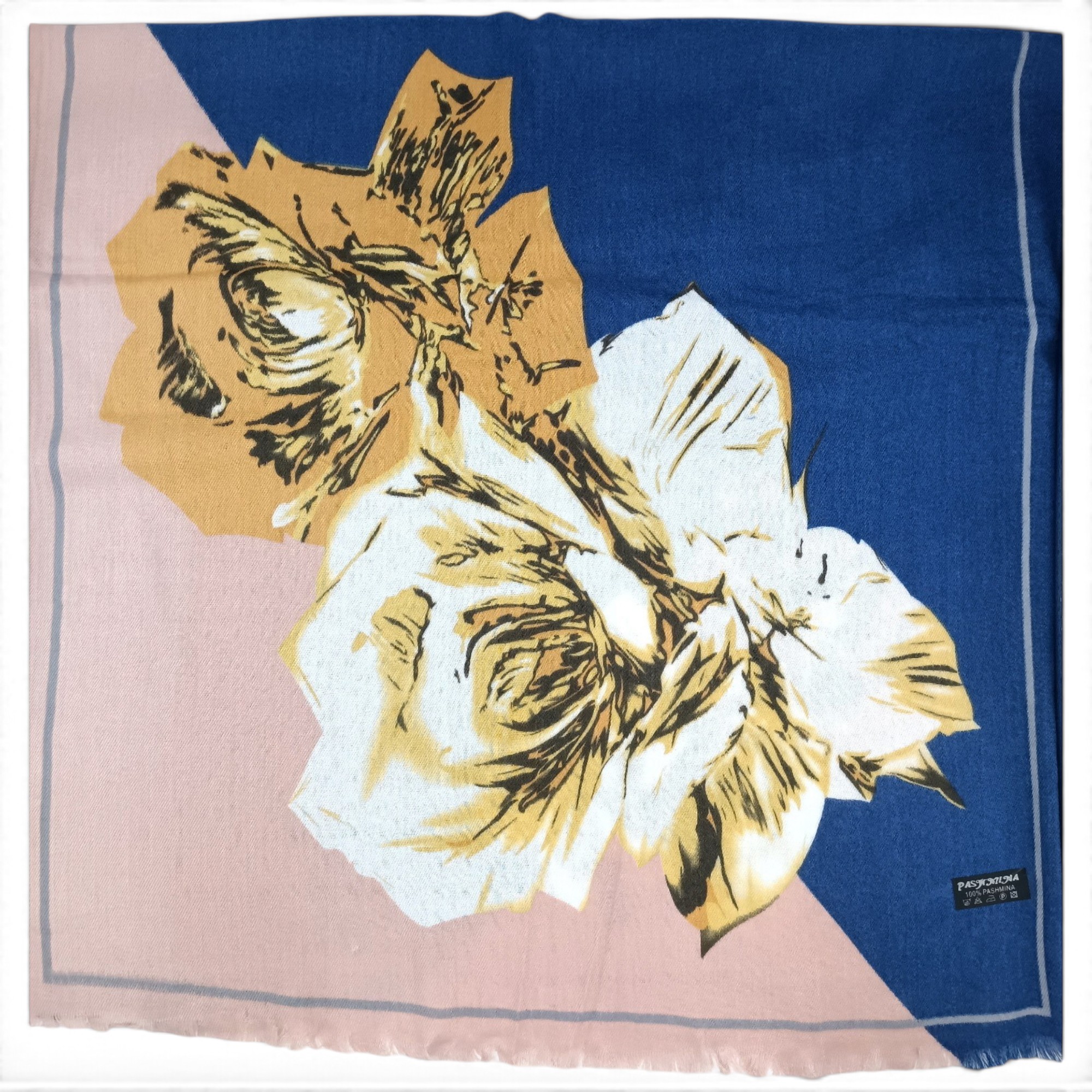 Eșarfă Damă Mirelle MR16I-3, Pashmina, Bleumarin cu Imprimeu Floral Bej-Auriu și Roz Pudrat, 180×68 cm - imagine 2