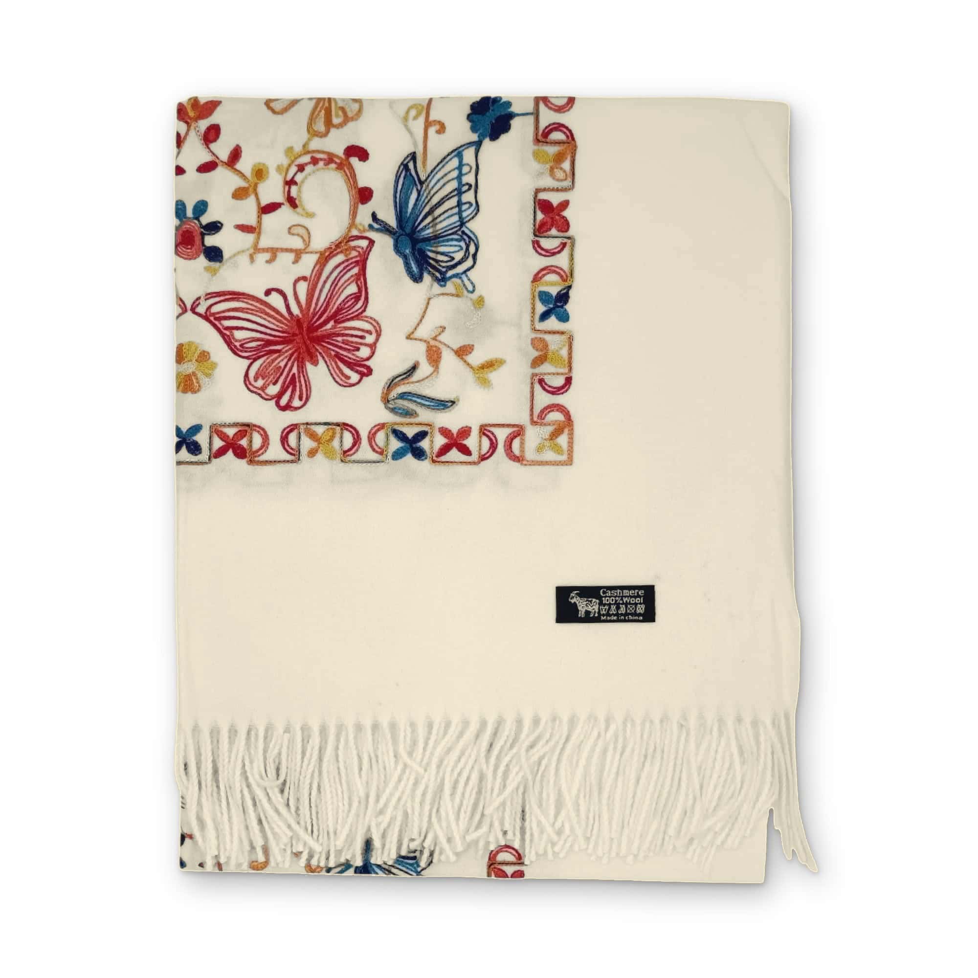 Fular Imperial Elegance F35-7, lână 100%-brodat, alb unt (crem) – imaginea 2