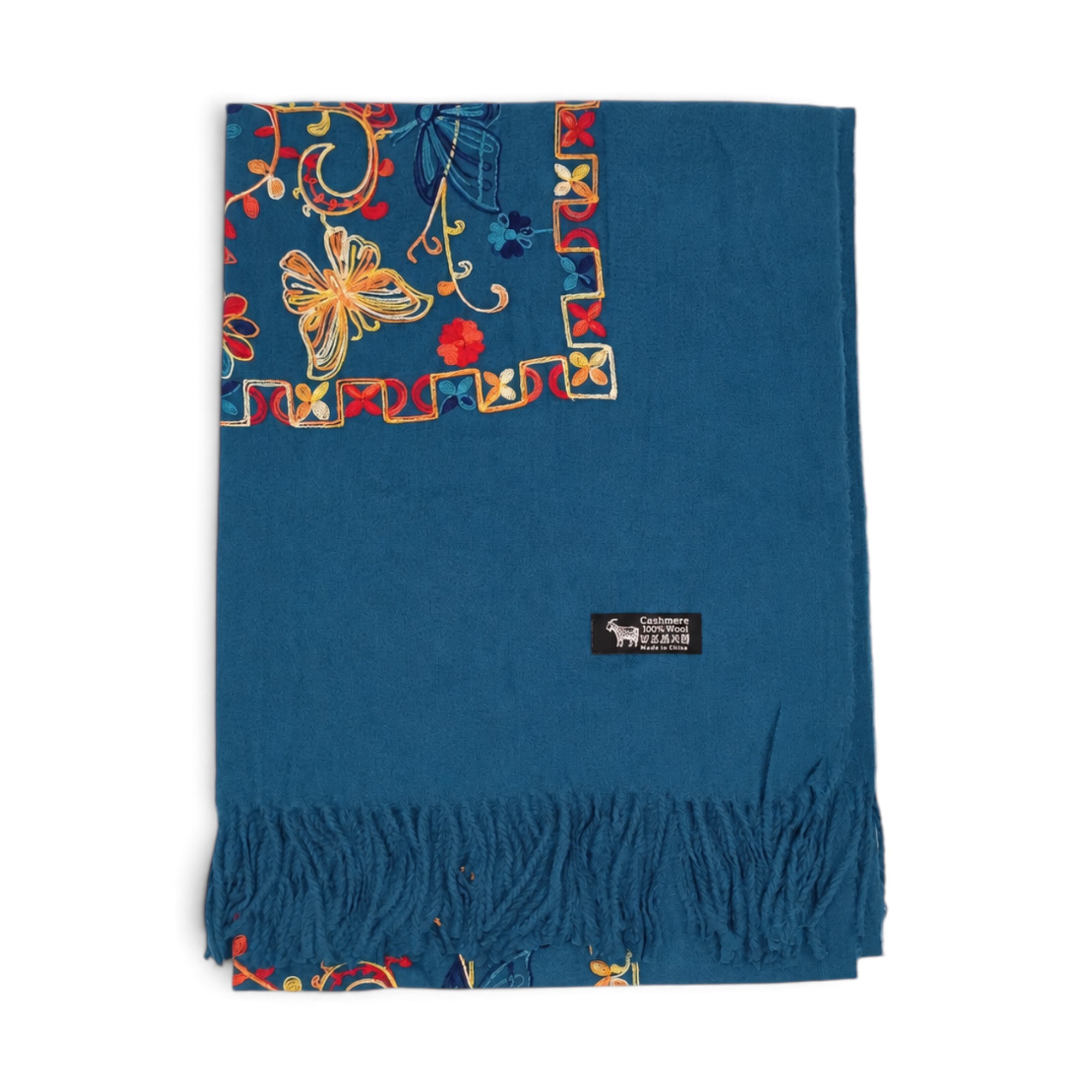 Fular damă Imperial Elegance F35-9 Albastru Petrol – 100% Lână, Broderie Florală, 80 × 180 cm - imagine 4