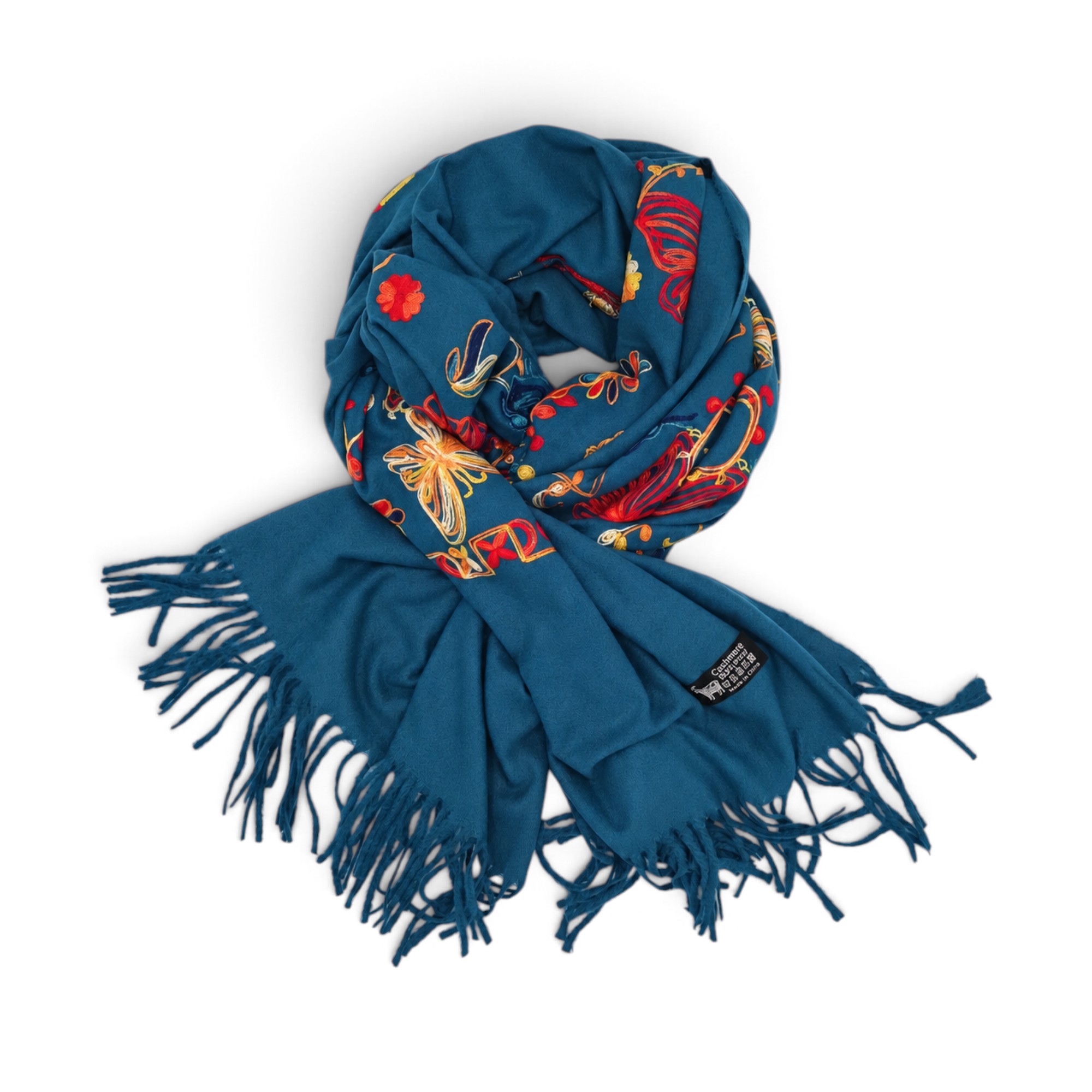Fular damă Imperial Elegance F35-9 Albastru Petrol – 100% Lână, Broderie Florală, 80 × 180 cm - imagine 1