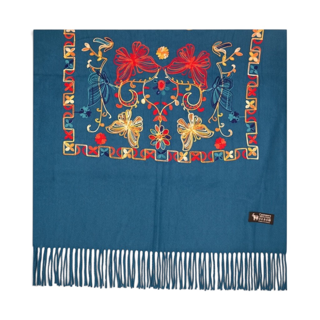 Fular damă Imperial Elegance F35-9 Albastru Petrol – 100% Lână, Broderie Florală, 80 × 180 cm - imagine 2