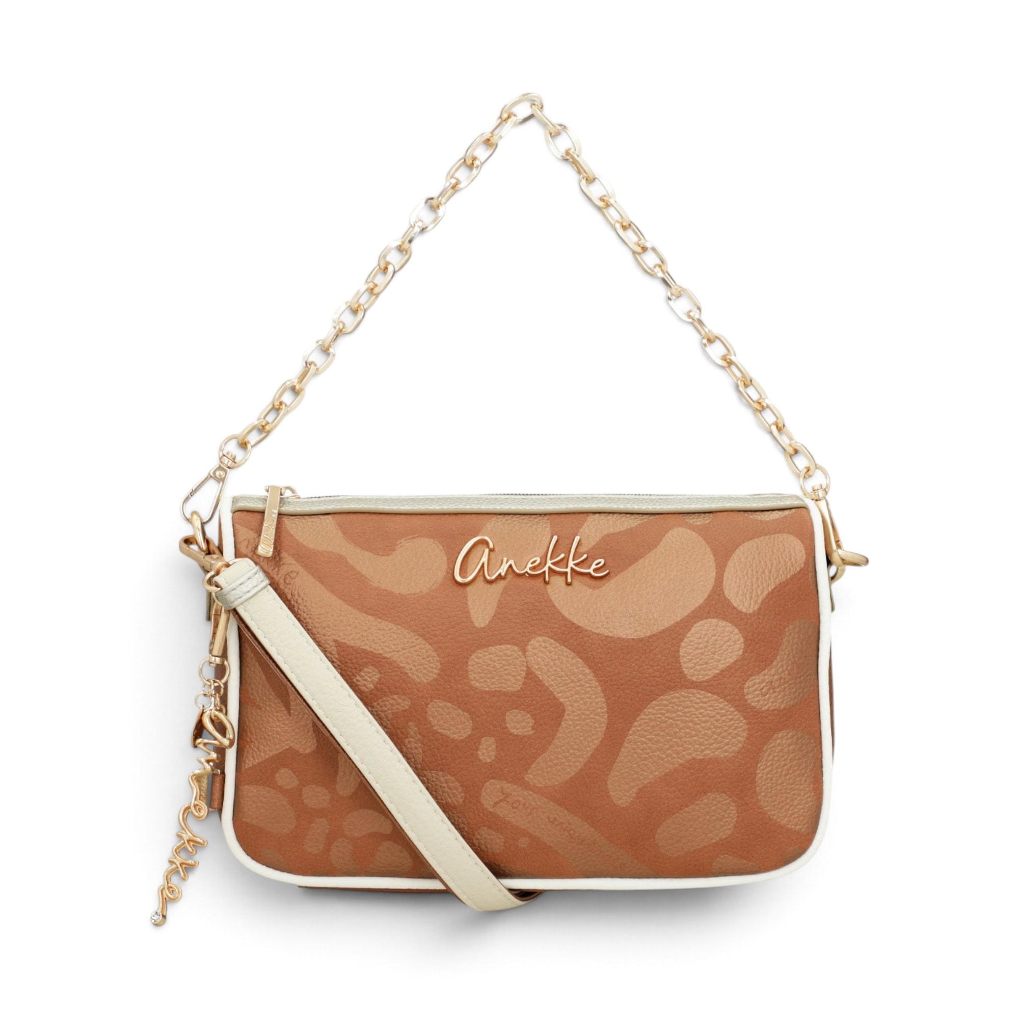 Geantă damă Anekke Essentials 42603-588-2 – crossbody maro coniac, lanț auriu, 26 × 17 × 7 cm Geantă damă Anekke Essentials 42603-588-2 – față cu curea crossbody