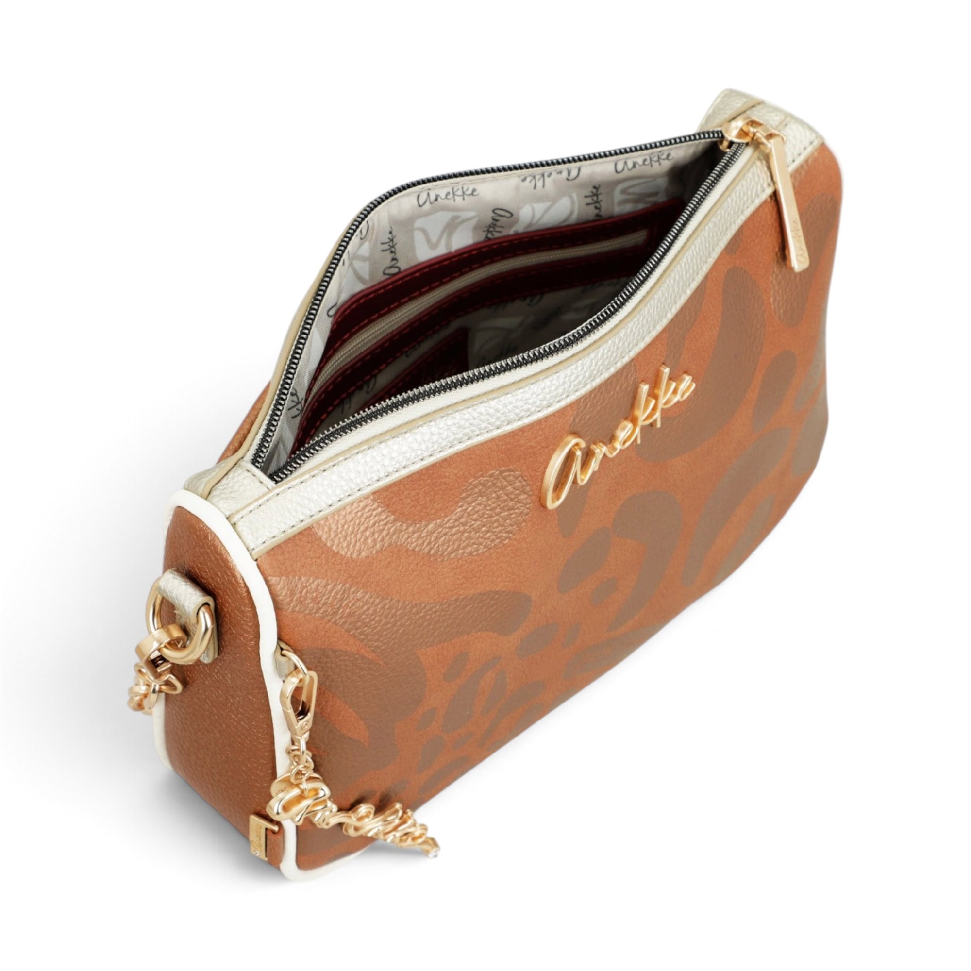 Geantă damă Anekke Essentials 42603-588-2 – crossbody maro coniac, lanț auriu, 26 × 17 × 7 cm Geantă damă Anekke Essentials 42603-588-2 – interior căptușit