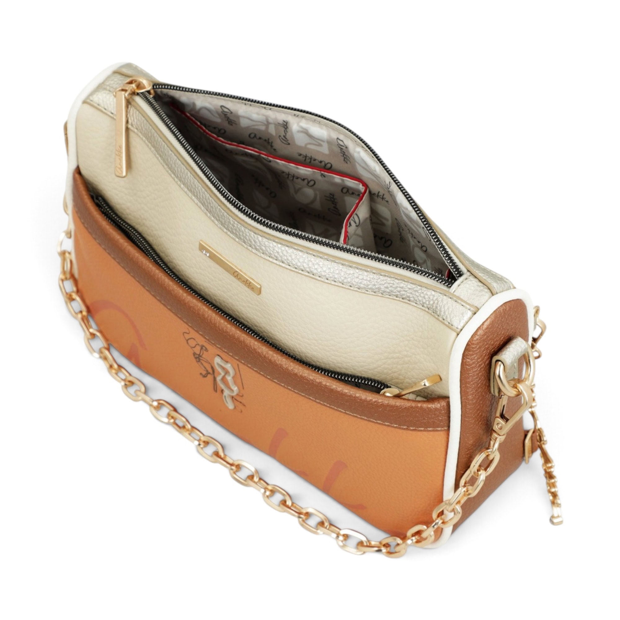 Geantă damă Anekke Essentials 42603-588-2 – crossbody maro coniac, lanț auriu, 26 × 17 × 7 cm Geantă damă Anekke Essentials 42603-588-2 – interior și buzunare