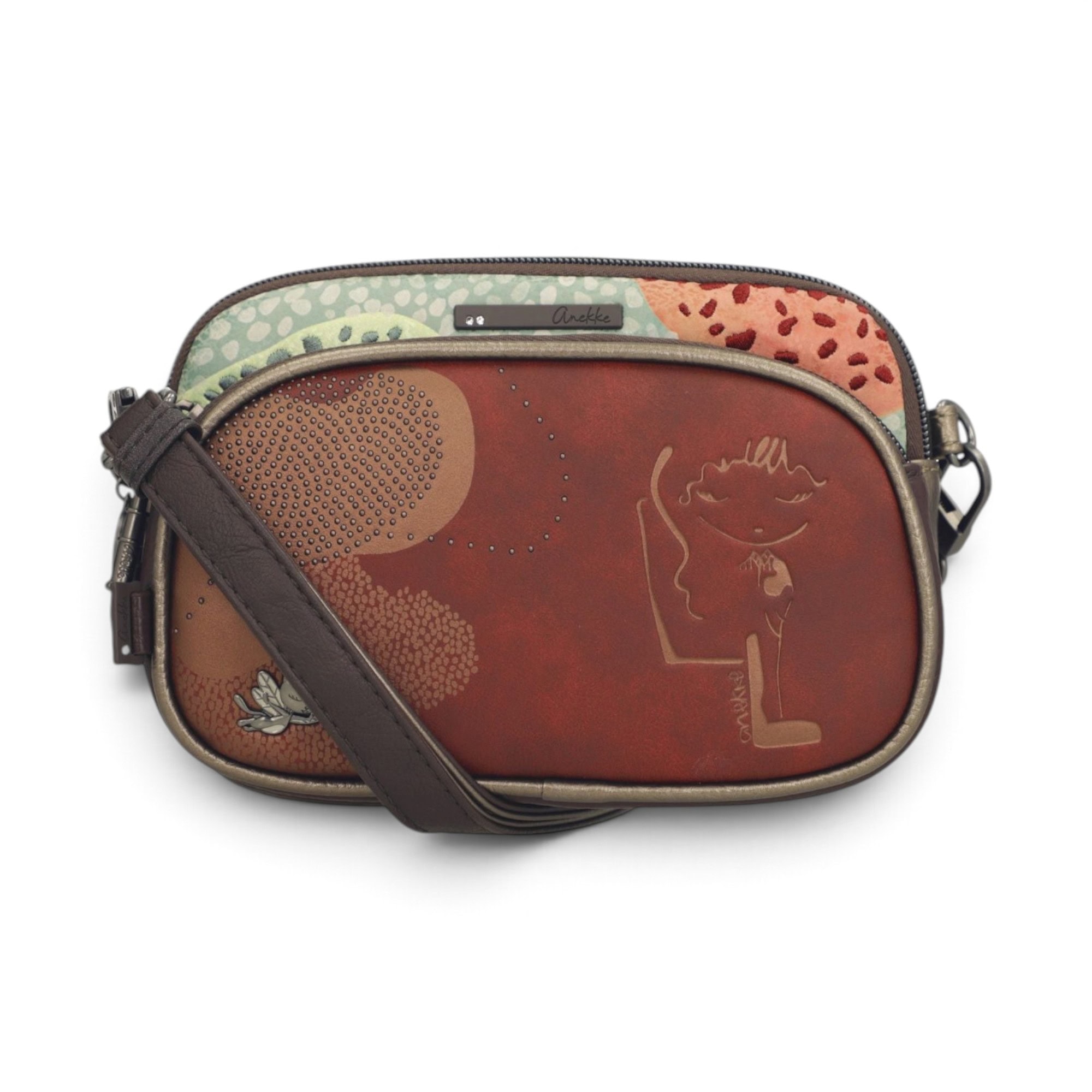 Geantă damă Anekke Odyssey 43833-445 – crossbody mic, 3 compartimente, multicolor, 20 × 15 × 6 cm Geantă damă Anekke Odyssey 43833-445 – față cu curea