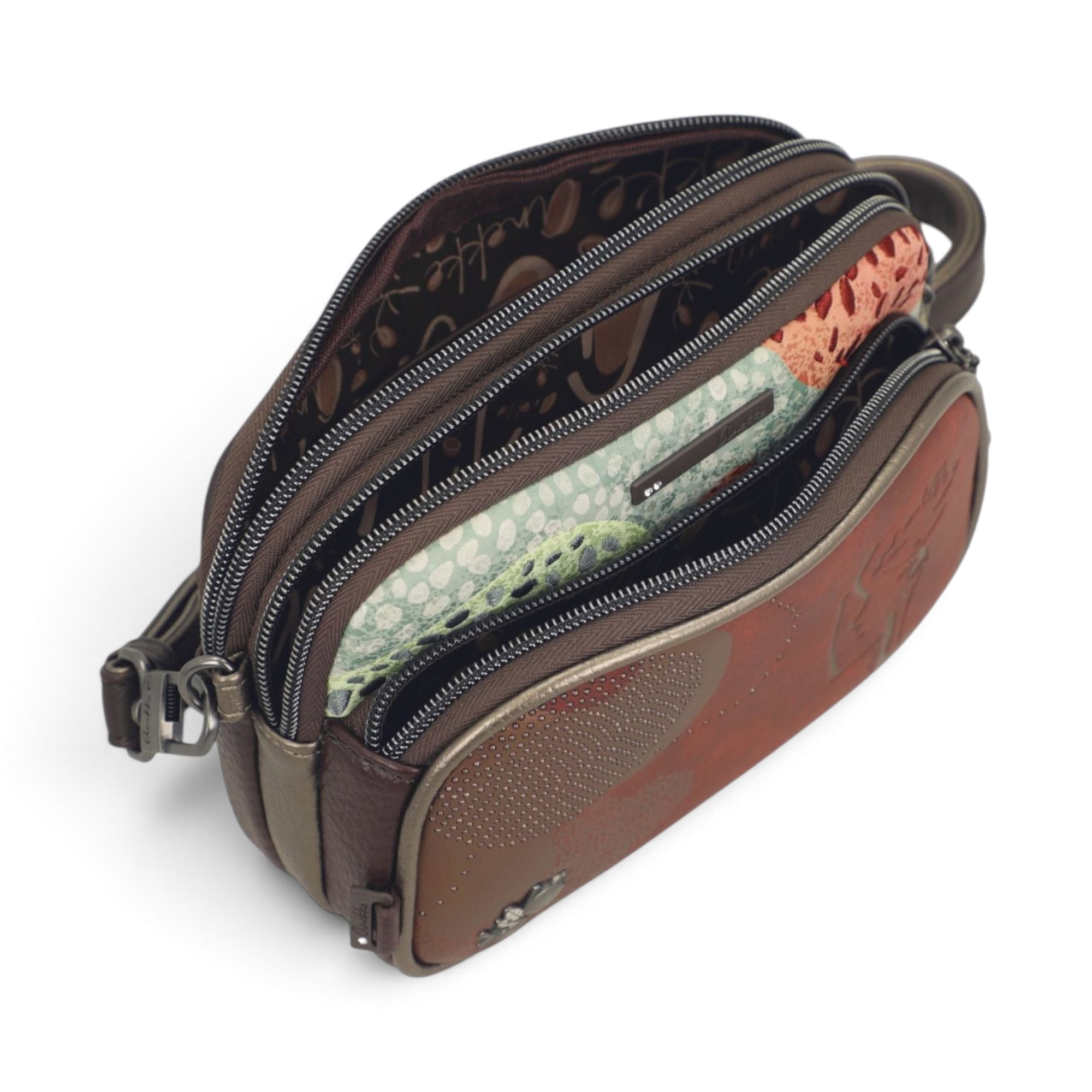 Geantă damă Anekke Odyssey 43833-445 – crossbody mic, 3 compartimente, multicolor, 20 × 15 × 6 cm Geantă damă Anekke Odyssey 43833-445 – compartimente deschise
