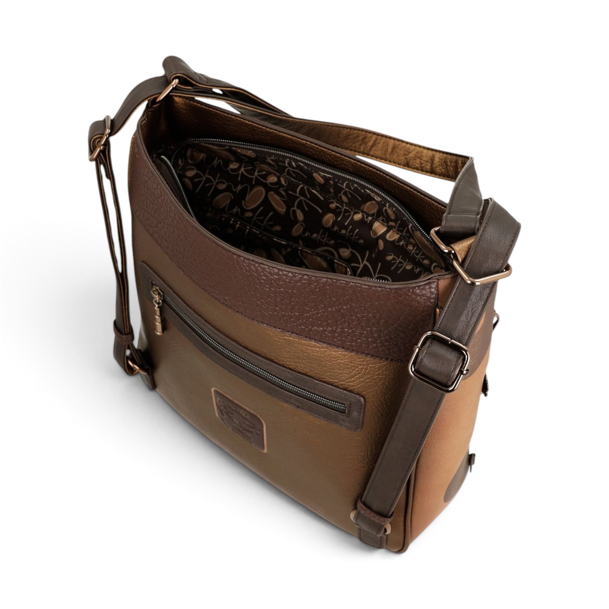 Geantă damă Anekke Voyage 43825-072 – convertibilă în rucsac, maro caramel, 32 × 31 × 11 cm Geantă damă Anekke Voyage 43825-072 – interior și buzunare