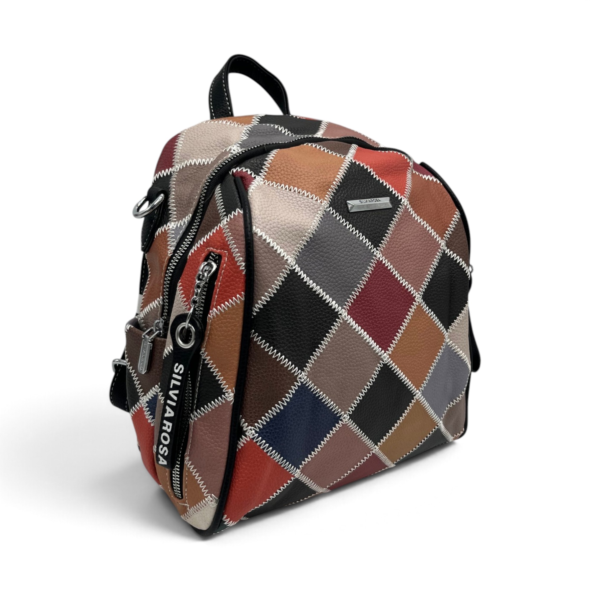 Rucsac Damă Silvia Rosa Negru Multicolor – Model Geometric Patchwork, 32 × 24 × 10 cm - imagine 1