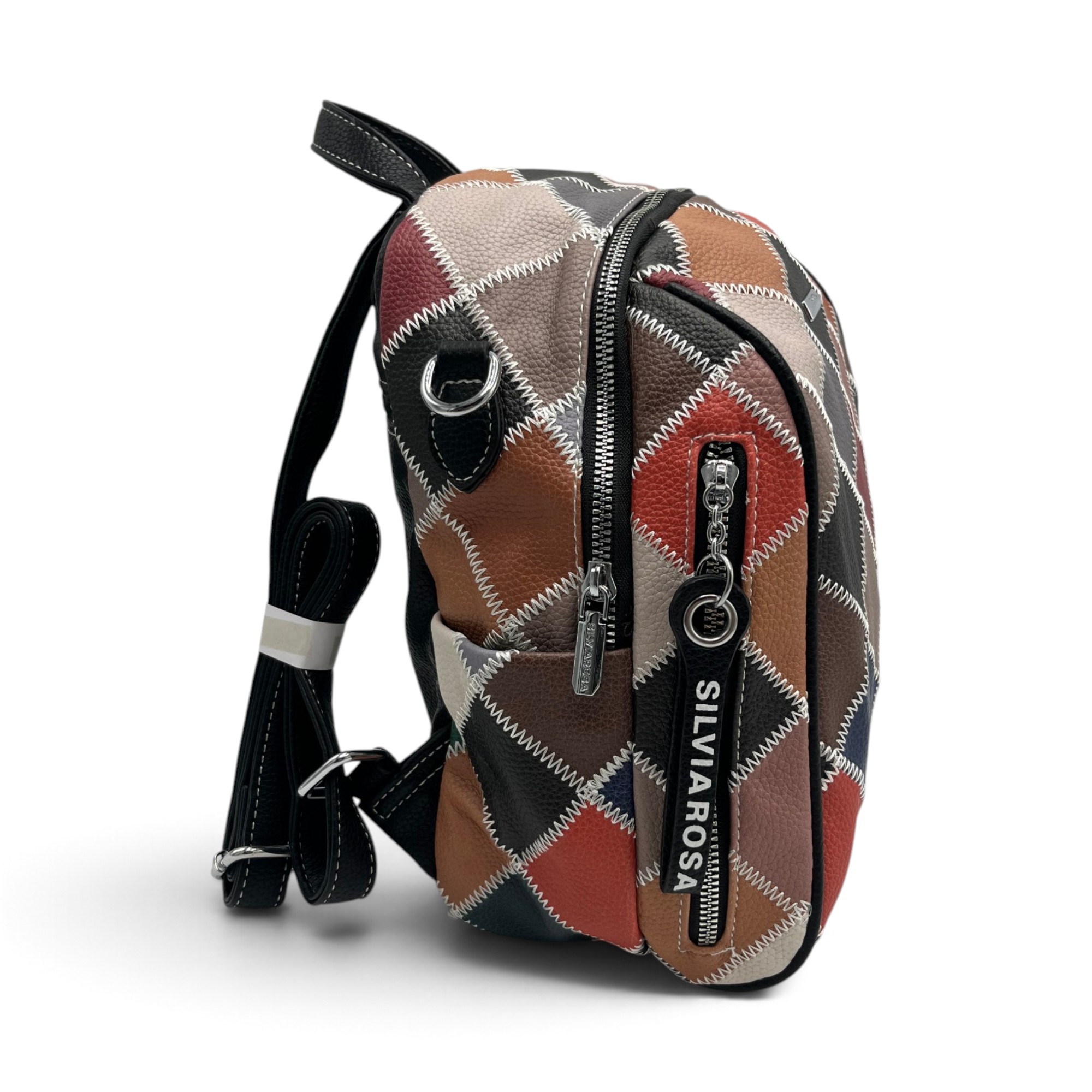 Rucsac Damă Silvia Rosa Negru Multicolor – Model Geometric Patchwork, 32 × 24 × 10 cm - imagine 4
