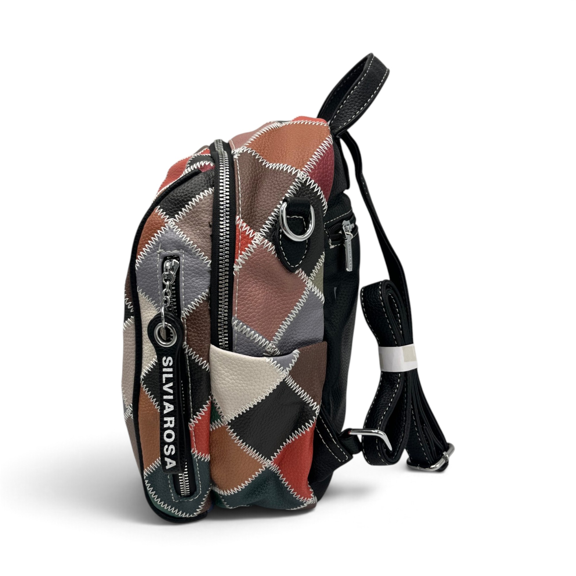 Rucsac Damă Silvia Rosa Negru Multicolor – Model Geometric Patchwork, 32 × 24 × 10 cm - imagine 5