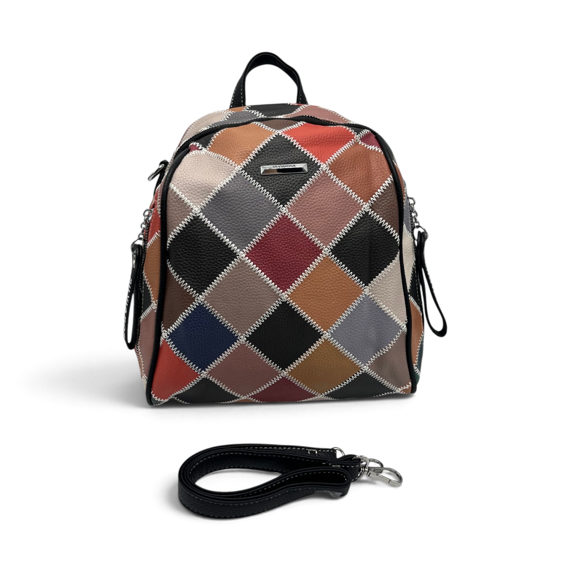 Rucsac Damă Silvia Rosa Negru Multicolor – Model Geometric Patchwork, 32 × 24 × 10 cm - imagine 6