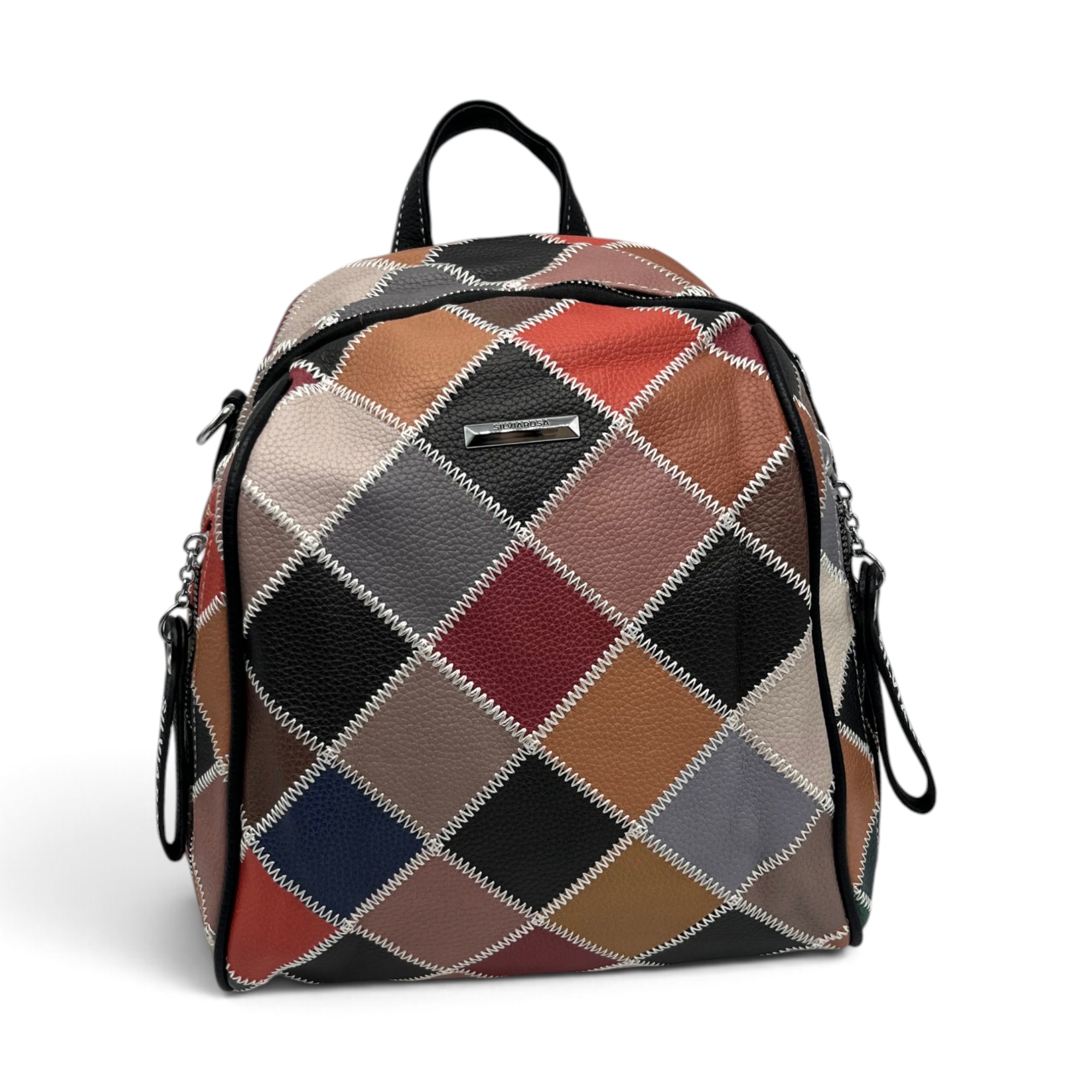 Rucsac Damă Silvia Rosa Negru Multicolor – Model Geometric Patchwork, 32 × 24 × 10 cm - imagine 2