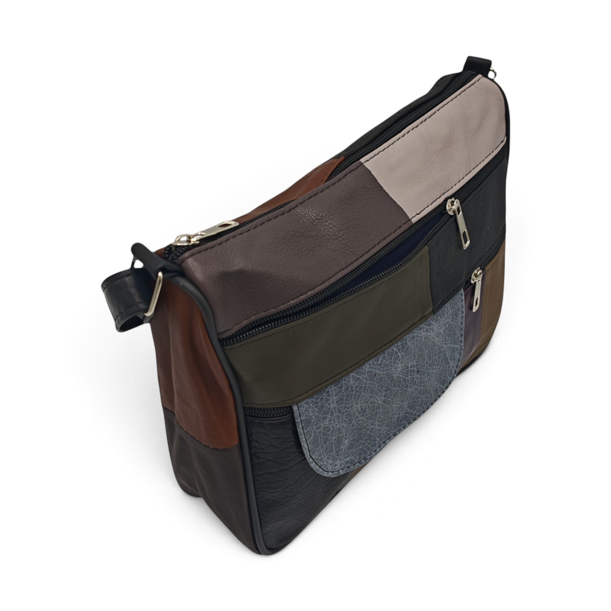 Geantă damă piele naturală Lucia R45-JM21, patchwork negru și maro Geantă damă piele naturală Lucia R45-JM21, patchwork negru și maro – imaginea 1