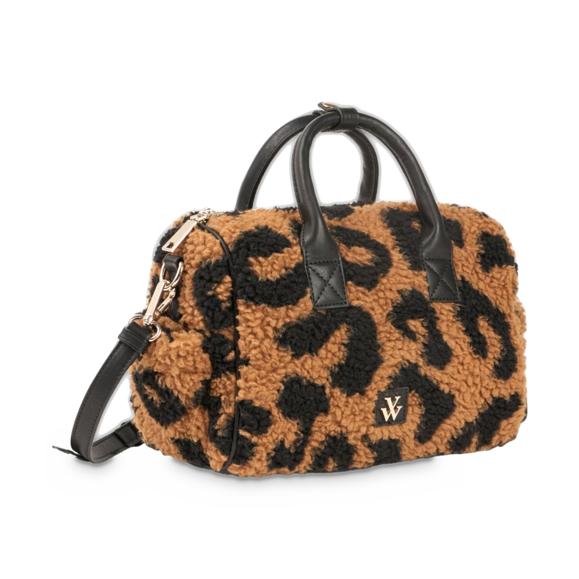 Geantă damă Vanessa Wu Mini Louie Leopard – bouclé cu detalii negre, geantă de mână și umăr, 25 × 17 × 10,5 cm