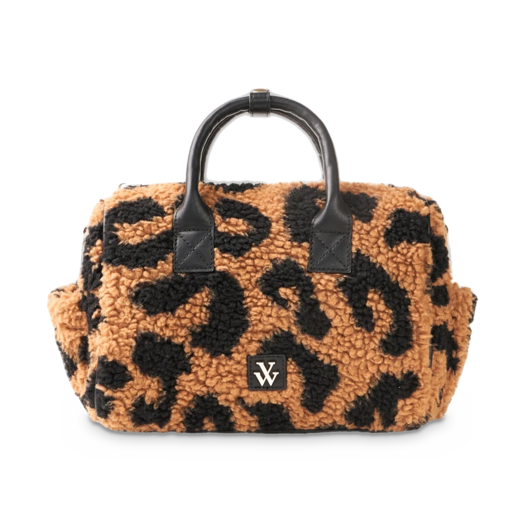 Geantă damă Vanessa Wu Mini Louie Leopard – bouclé cu detalii negre, geantă de mână și umăr, 25 × 17 × 10,5 cm