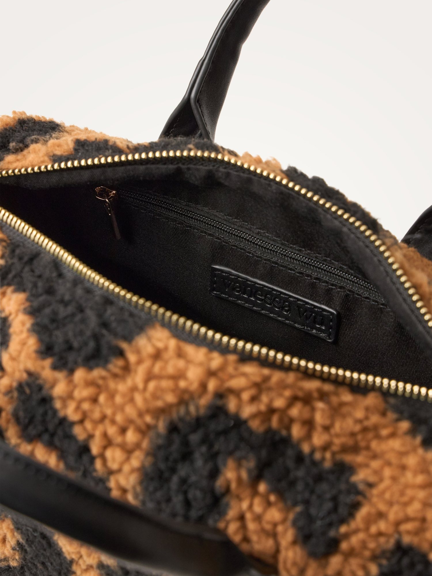 Geantă damă Vanessa Wu Mini Louie Leopard – bouclé cu detalii negre, geantă de mână și umăr, 25 × 17 × 10,5 cm