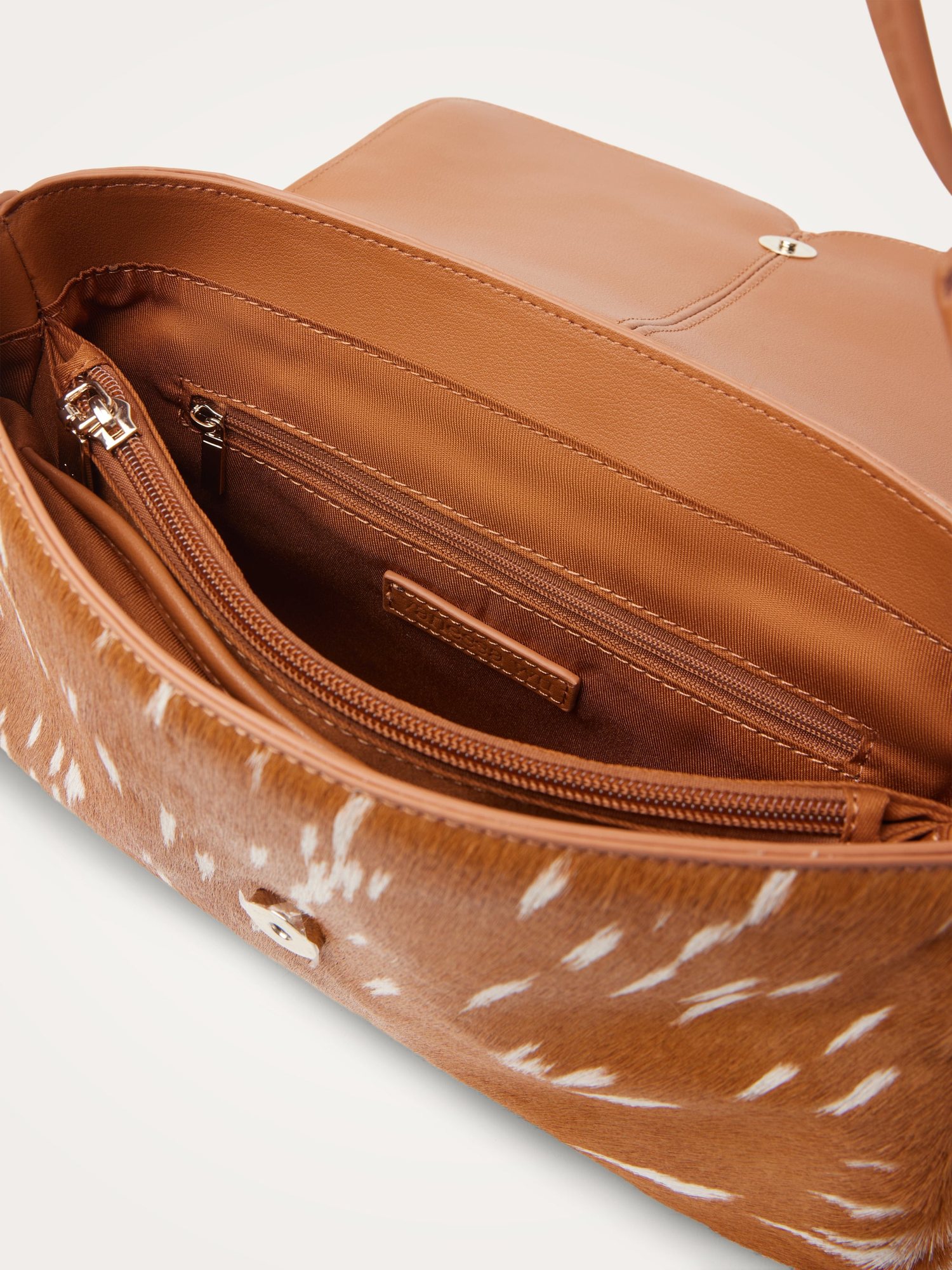 Geantă damă Vanessa Wu Nina Camel – piele de vită, imprimeu cerb, efect ponei, geantă de umăr, 32 × 19 × 6 cm