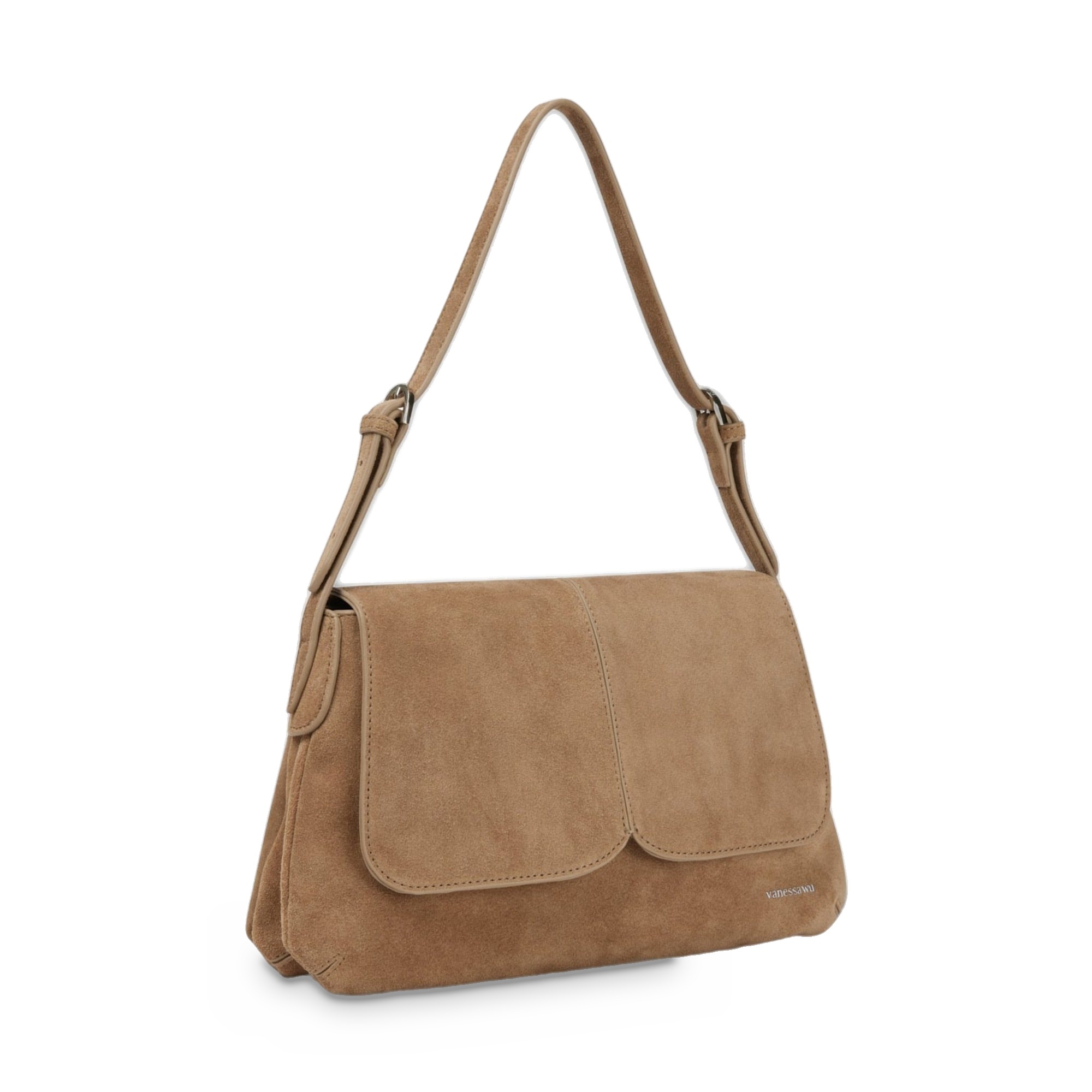 Geantă damă Vanessa Wu Nina Taupe – piele întoarsă naturală, geantă de umăr cu clapă, 32 × 19 × 6 cm