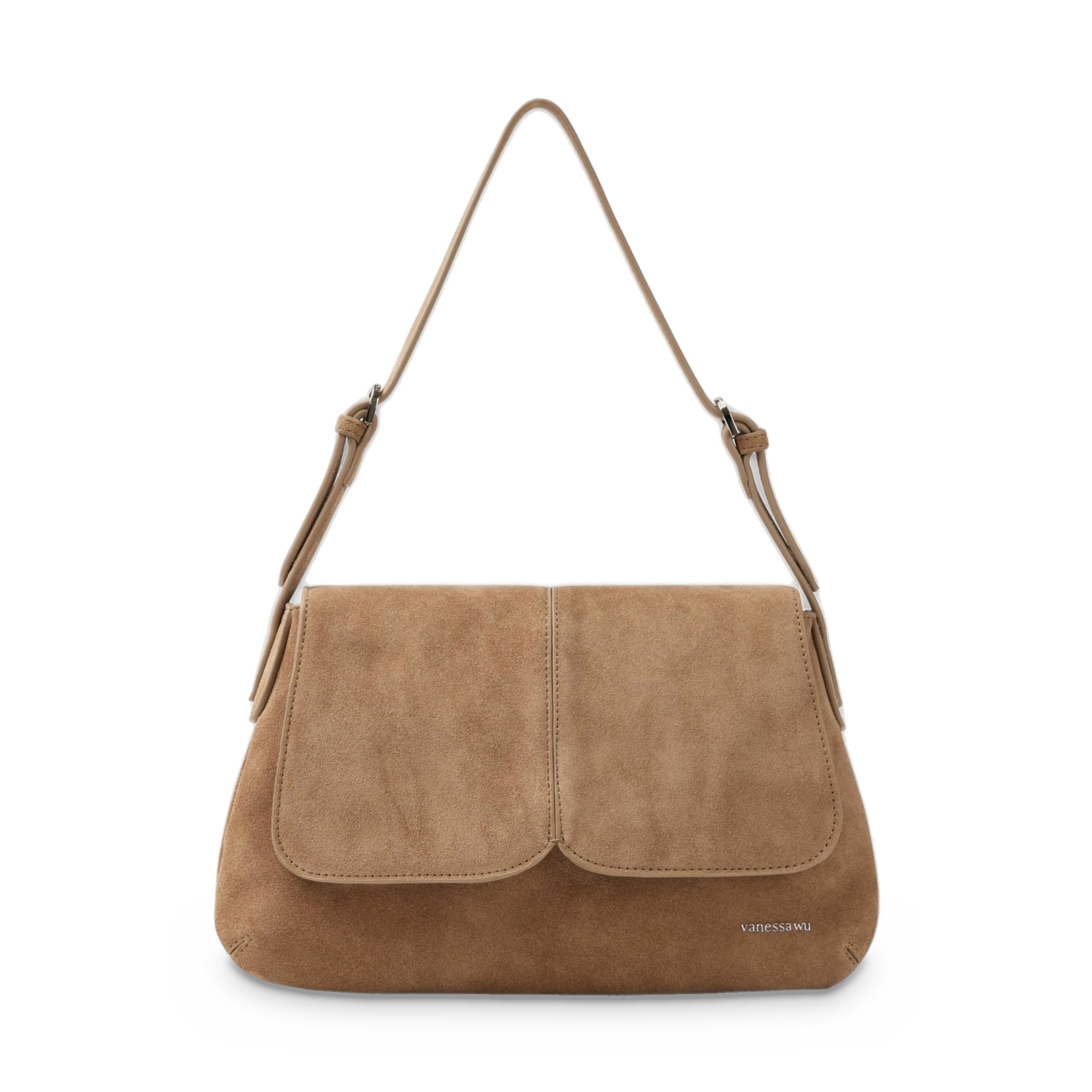 Geantă damă Vanessa Wu Nina Taupe – piele întoarsă naturală, geantă de umăr cu clapă, 32 × 19 × 6 cm