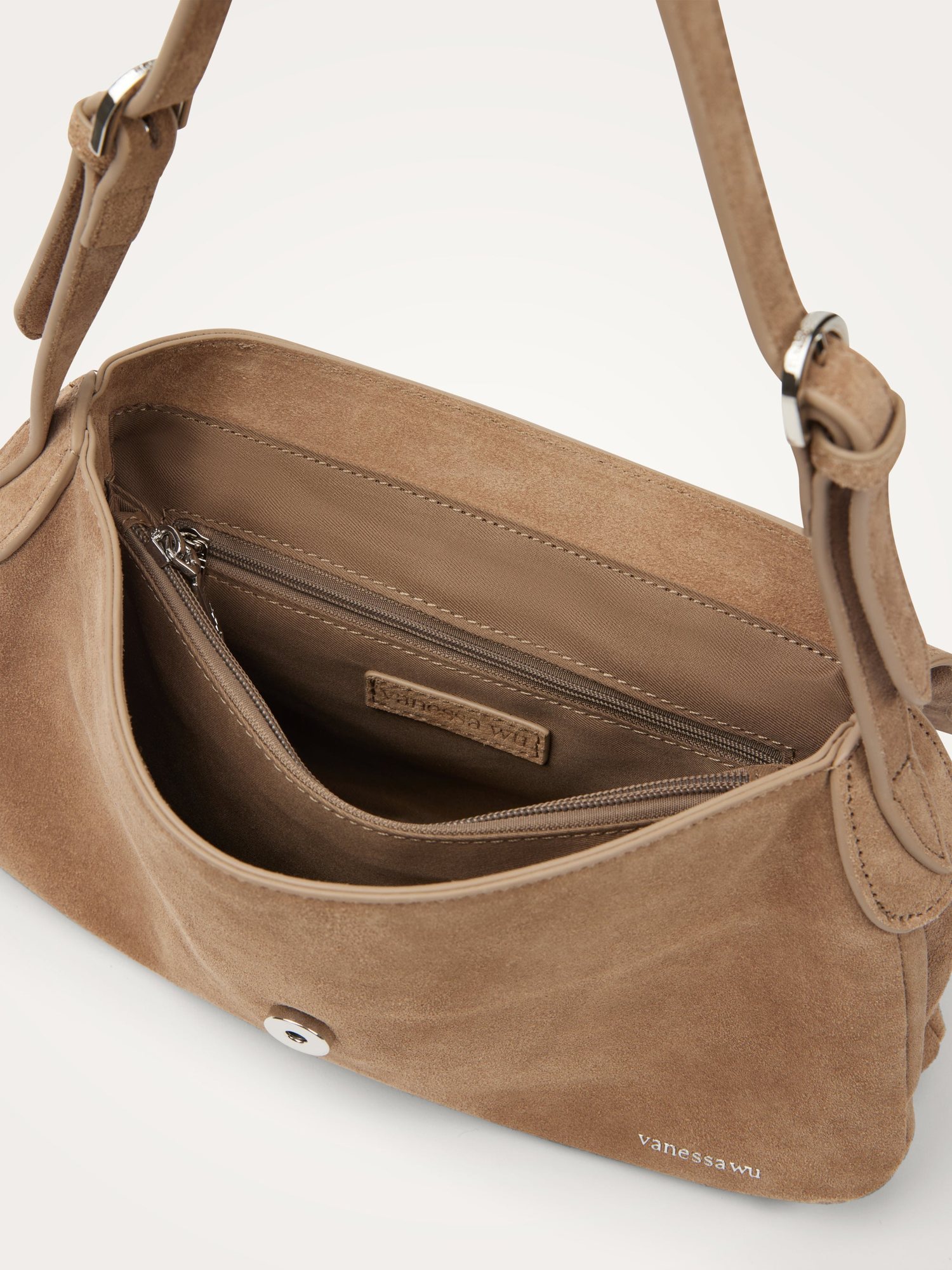 Geantă damă Vanessa Wu Nina Taupe – piele întoarsă naturală, geantă de umăr cu clapă, 32 × 19 × 6 cm