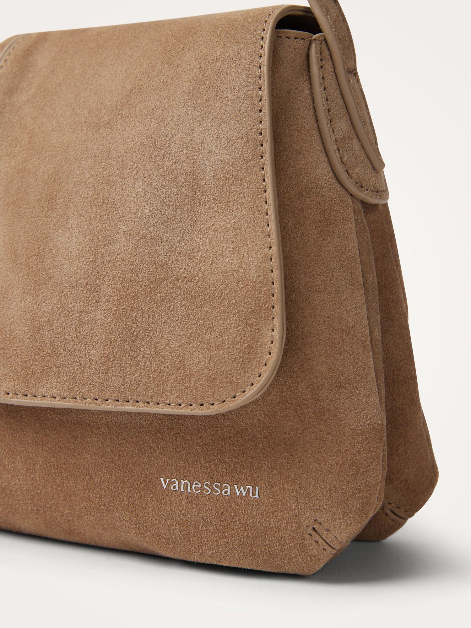 Geantă damă Vanessa Wu Nina Taupe – piele întoarsă naturală, geantă de umăr cu clapă, 32 × 19 × 6 cm