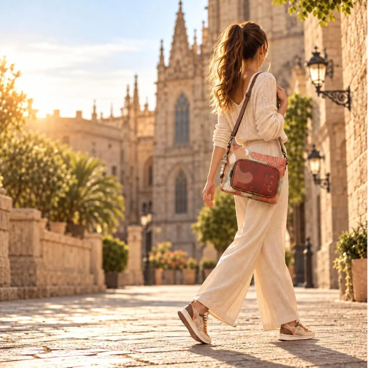Geantă damă Anekke Odyssey 43833-249 crossbody multicolor, purtată pe o stradă din Barcelona