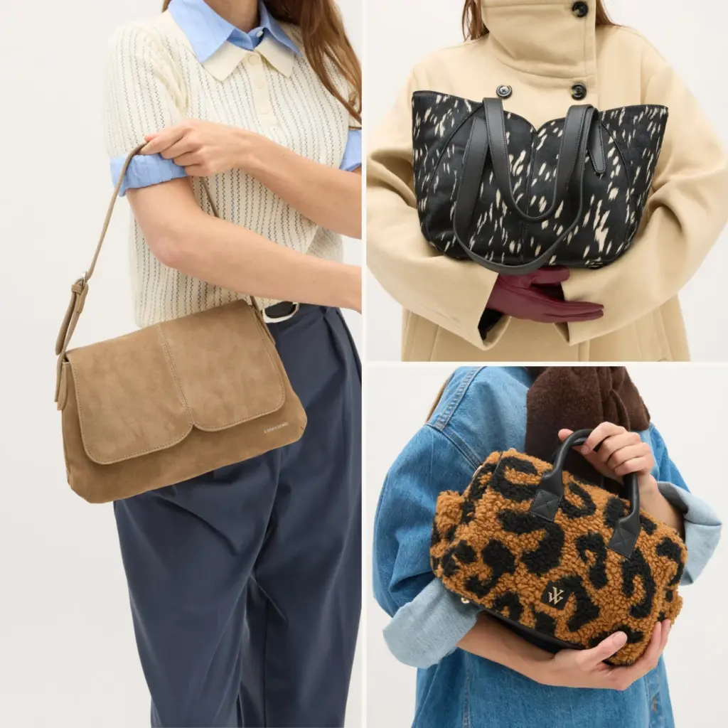 Genți Vanessa Wu purtate: Nina Taupe din piele întoarsă, Altai M Negru cu imprimeu bambi și Mini Louie Leopard bouclé