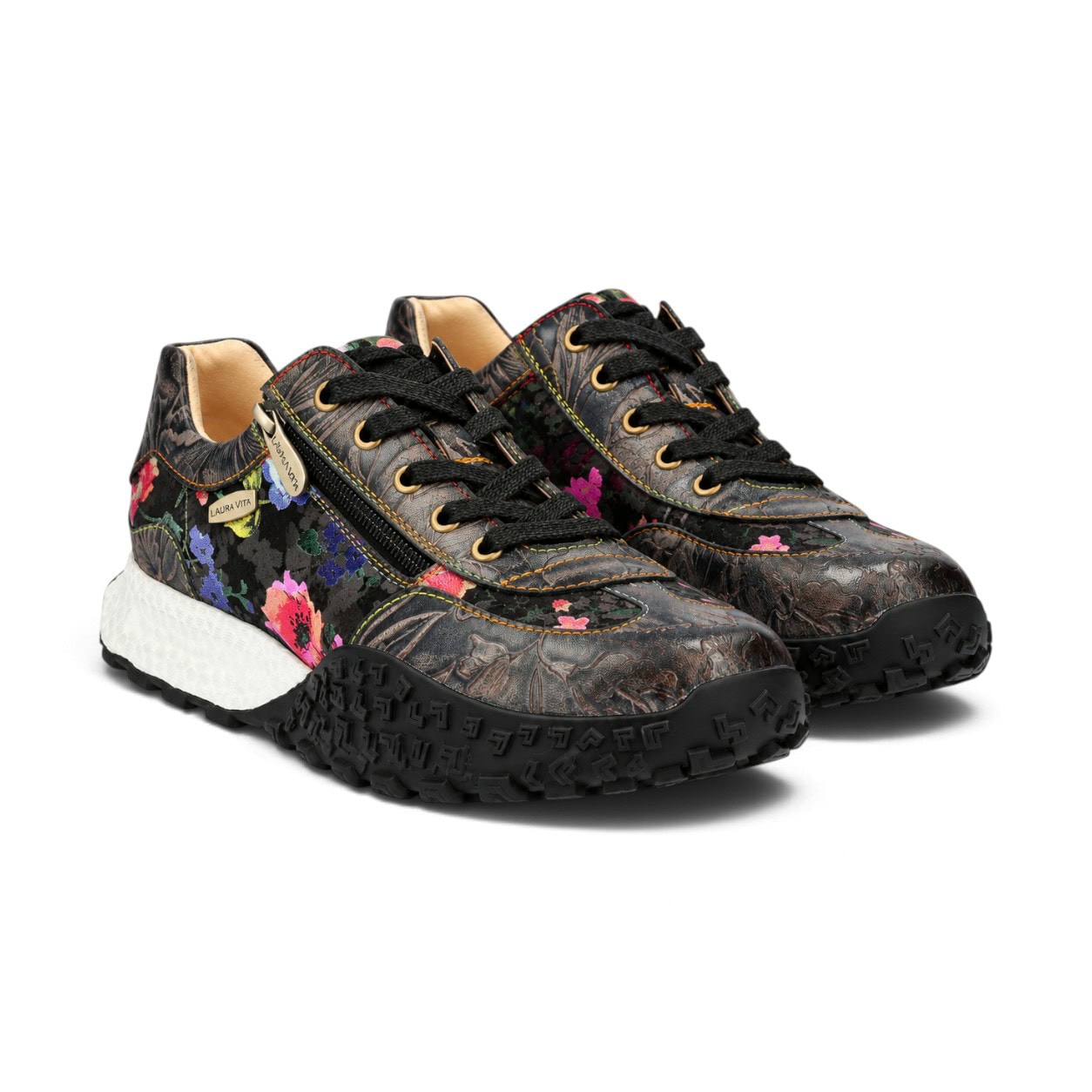 Sneakers damă Laura Vita EVITAO 97, negri, din piele naturală și material textil, cu detalii florale - Thumbnail Image 1