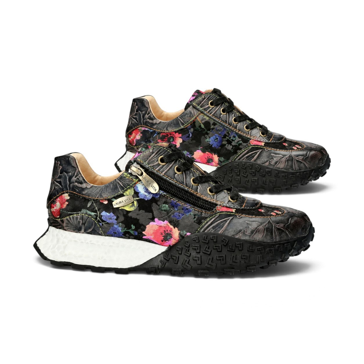 Sneakers damă Laura Vita EVITAO 97, negri, din piele naturală și material textil, cu detalii florale - Thumbnail Image 4
