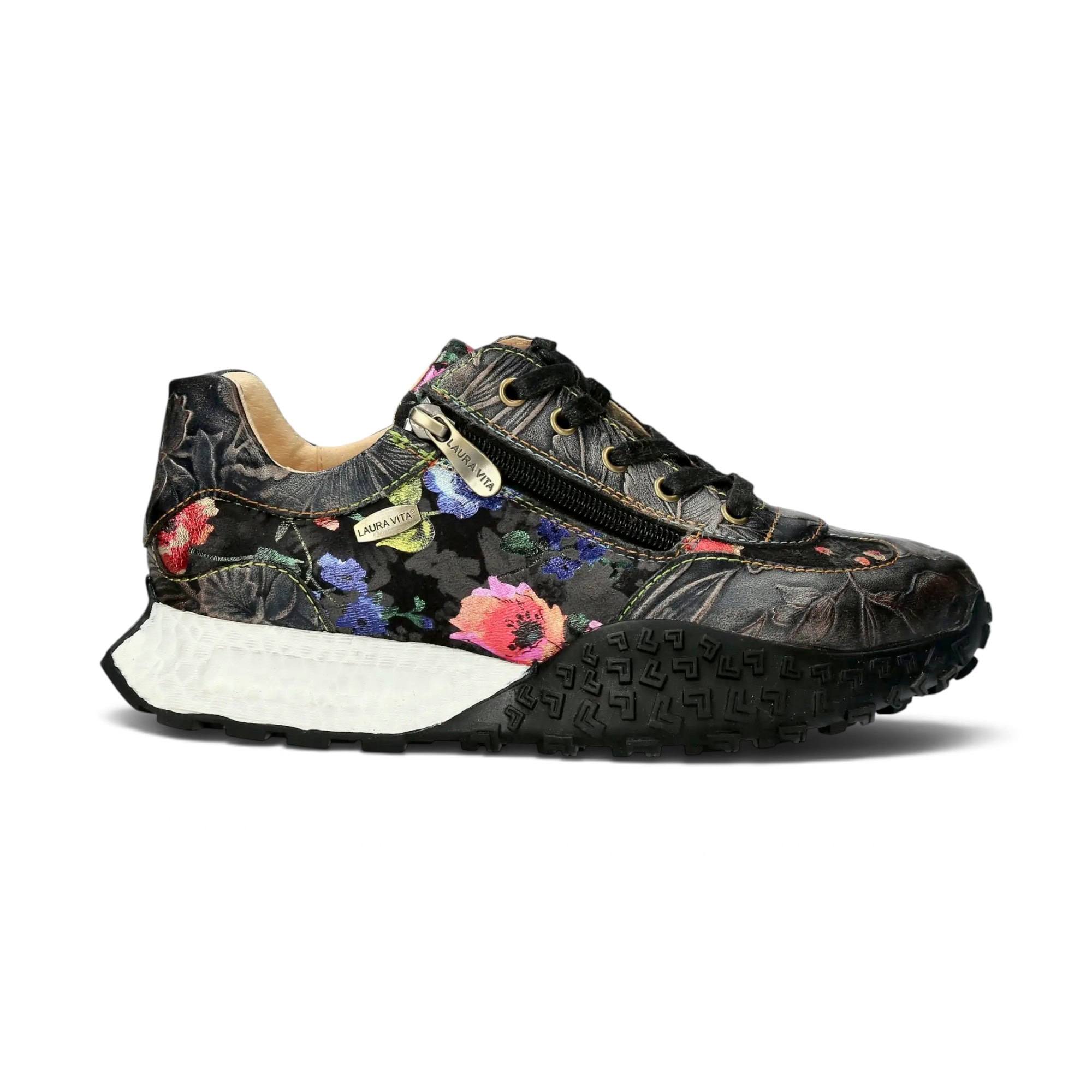 Sneakers damă Laura Vita EVITAO 97, negri, din piele naturală și material textil, cu detalii florale - Thumbnail Image 3