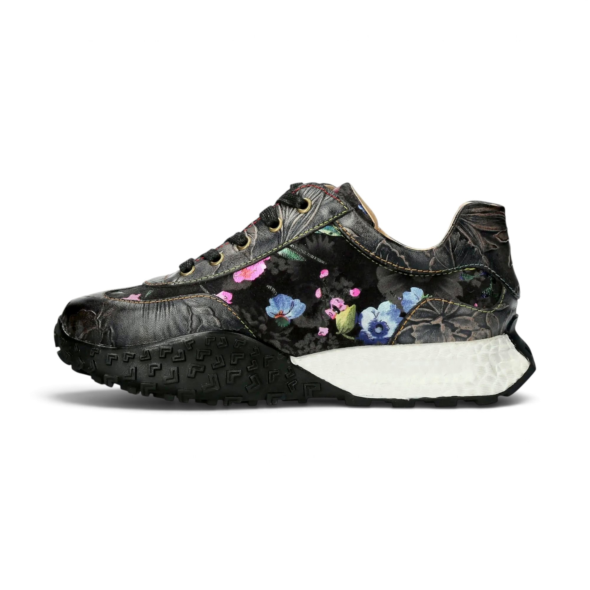 Sneakers damă Laura Vita EVITAO 97, negri, din piele naturală și material textil, cu detalii florale - Thumbnail Image 8