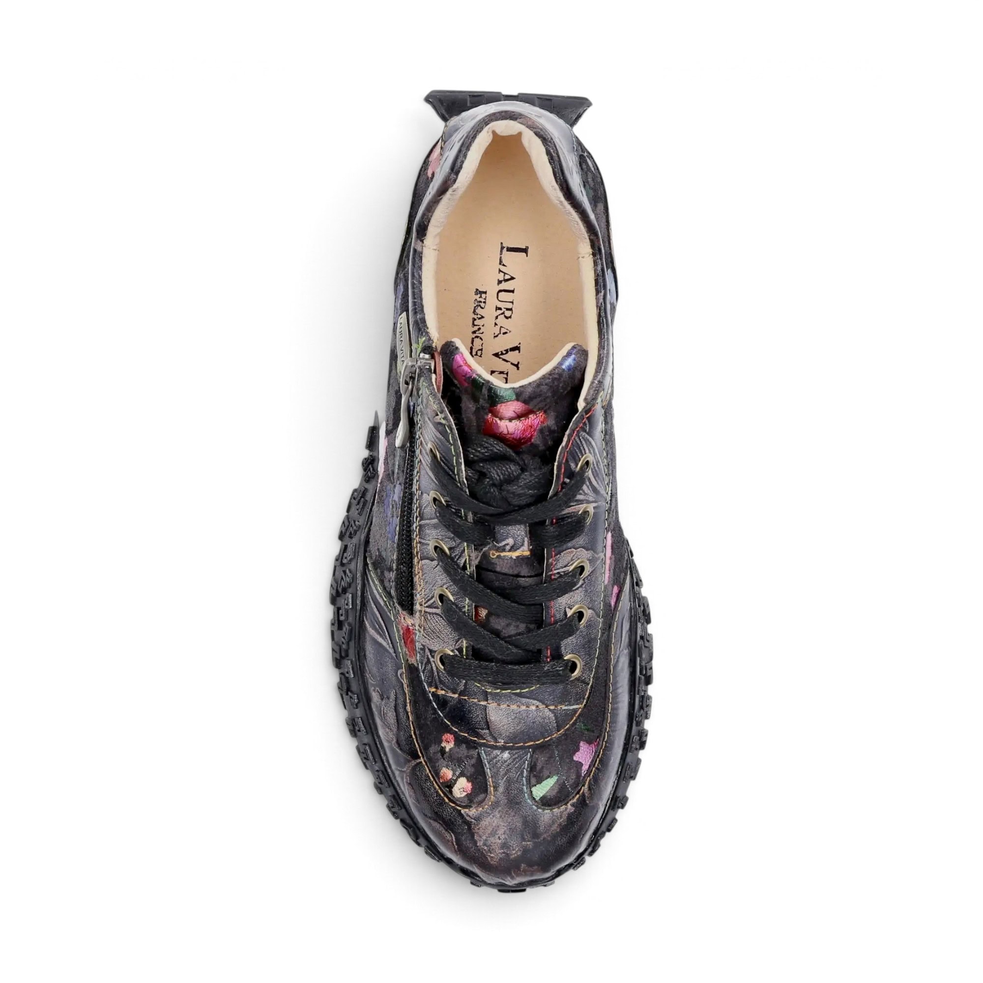 Sneakers damă Laura Vita EVITAO 97, negri, din piele naturală și material textil, cu detalii florale - Thumbnail Image 9