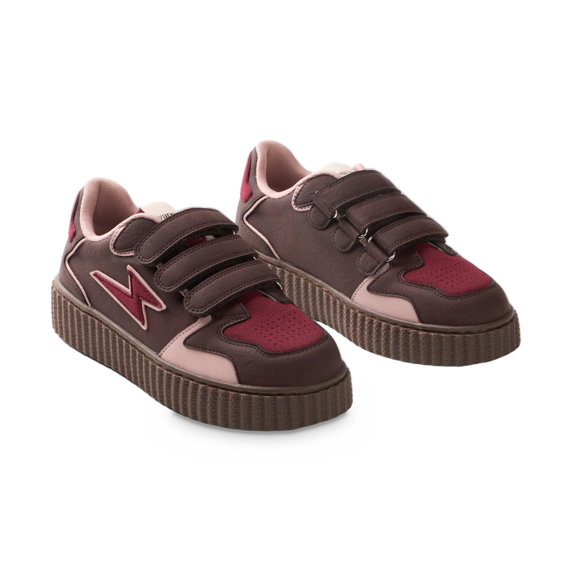 Sneakers damă Vanessa Wu Maggie Puzzle Bordo – detalii roz pudrat, talpă creepers, bride velcro, mărimi 36–41
