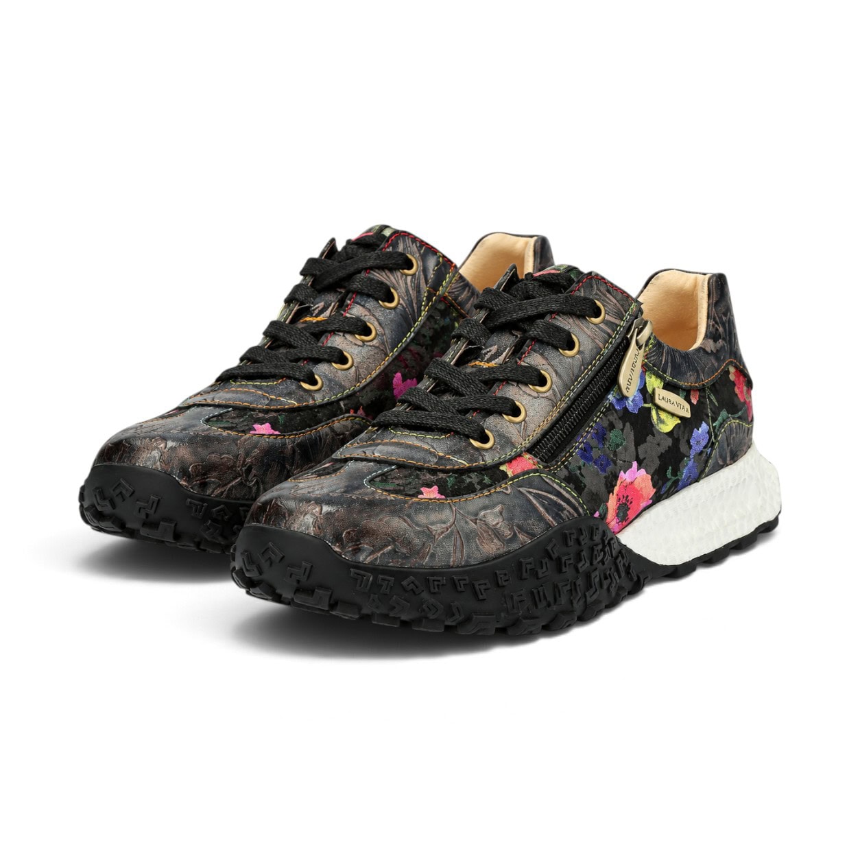 Sneakers damă Laura Vita EVITAO 97, negri, din piele naturală și material textil, cu detalii florale - Thumbnail Image 6