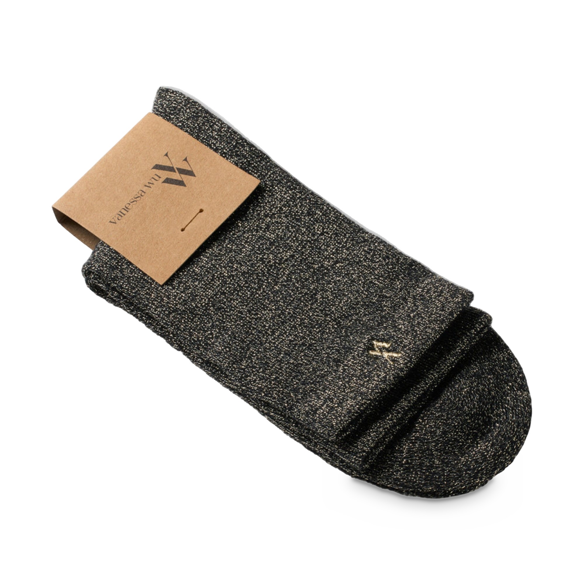 Șosete damă Vanessa Wu Ambre Negru cu fire aurii – înalte, cu monogramă brodată, mărime unică 36–41