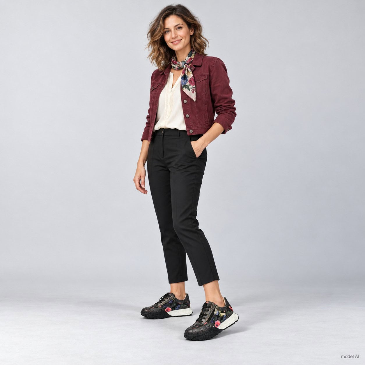 Sneakers damă Laura Vita EVITAO 97, negri, din piele naturală și material textil, cu detalii florale - Thumbnail Image 5